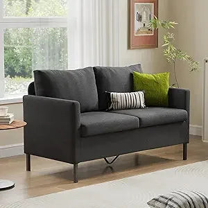 51 Inch W Linen Fabric Upholstered Modern Loveseat Sofa Couch for Living Room Aqua Blue 2 Seater Furniture with Iron Legs