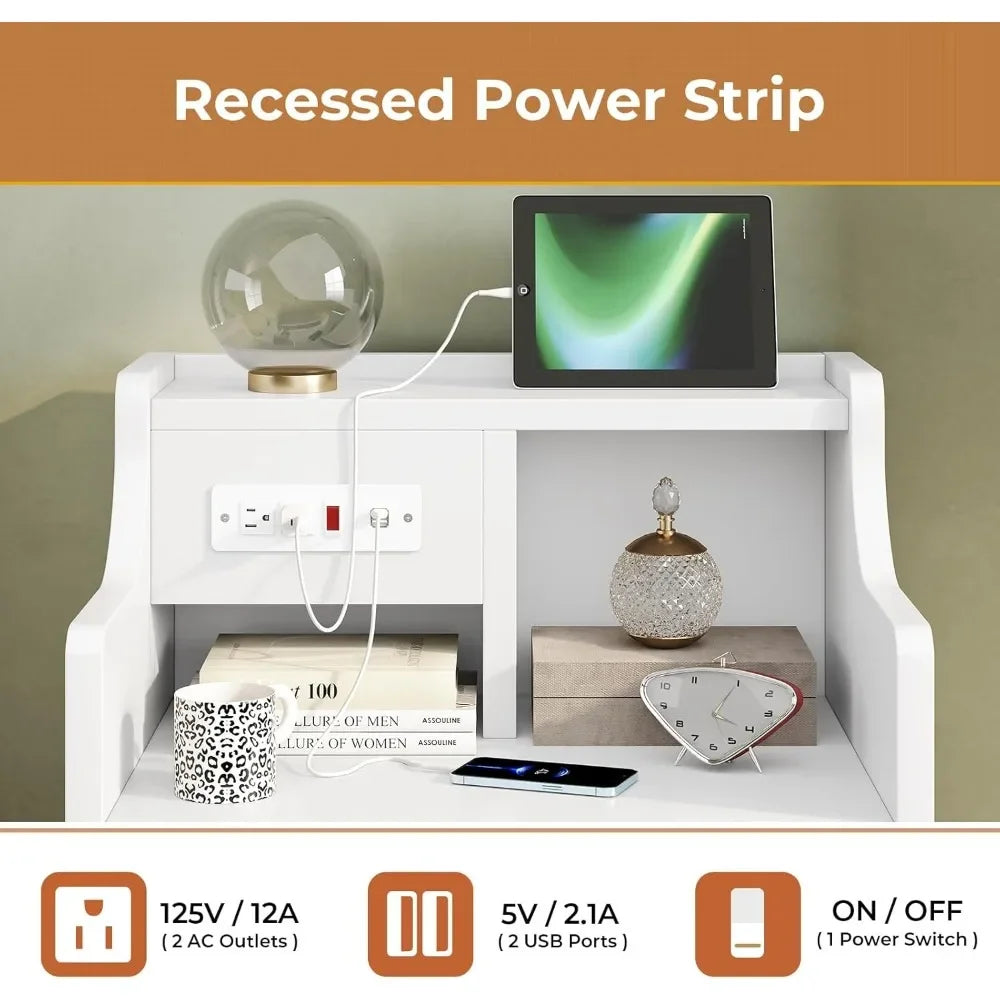 Nightstand with Charging Station and 3 Storage Drawers Modern Bedside Table with Hutch