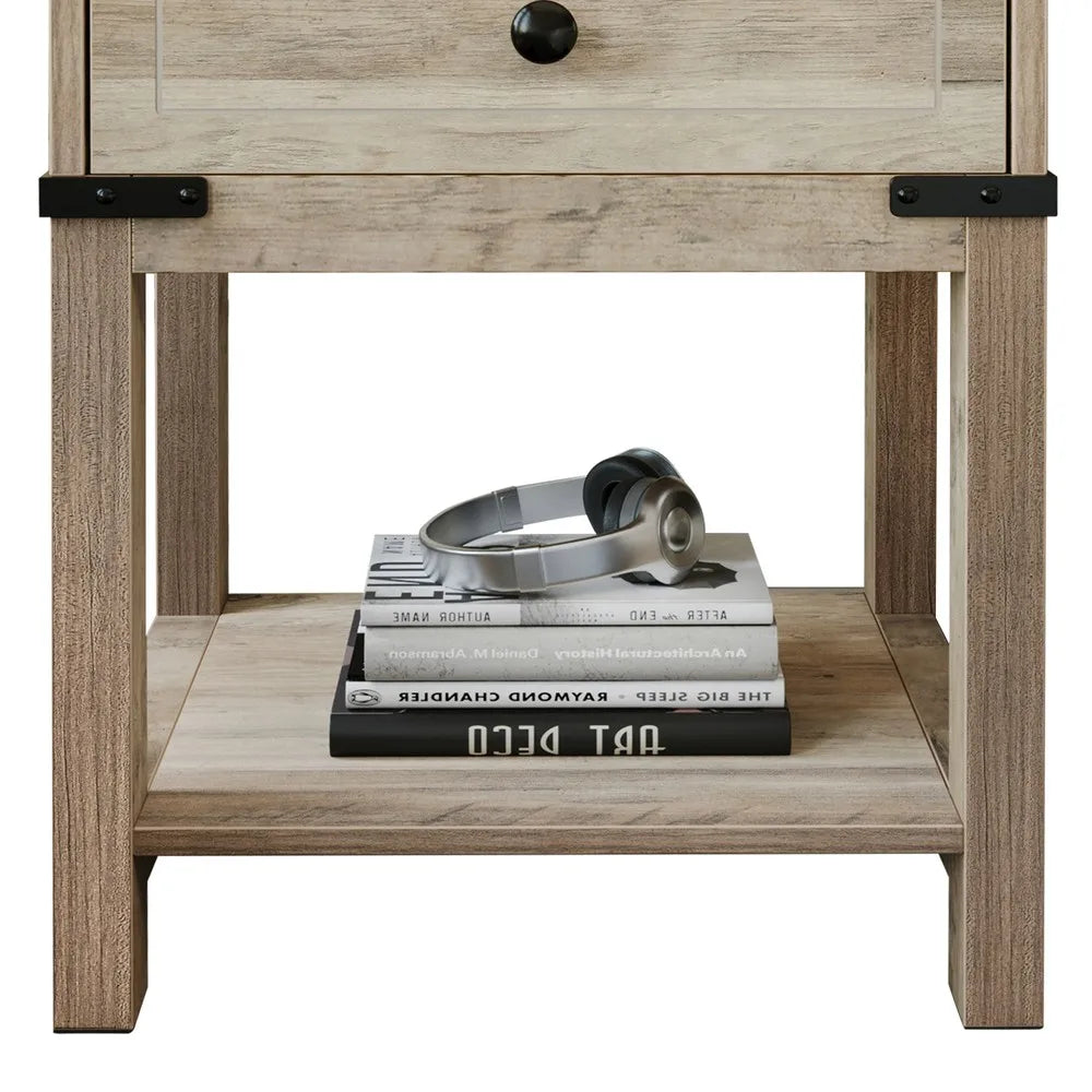 Farmhouse End Table Nightstand with Storage Shelf and Charging Station