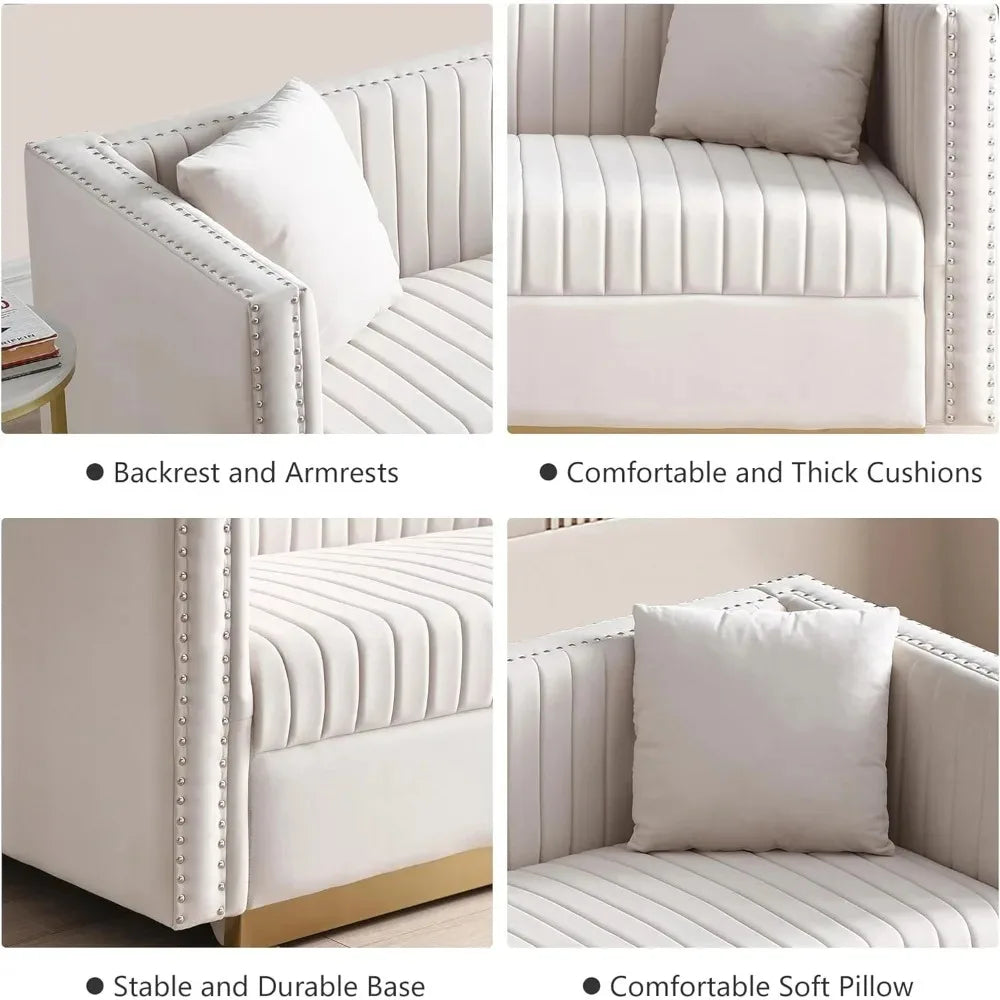 Luxury Velvet Sofa Set for Living Room with Nailhead Gold Metal Legs and Four Pillows