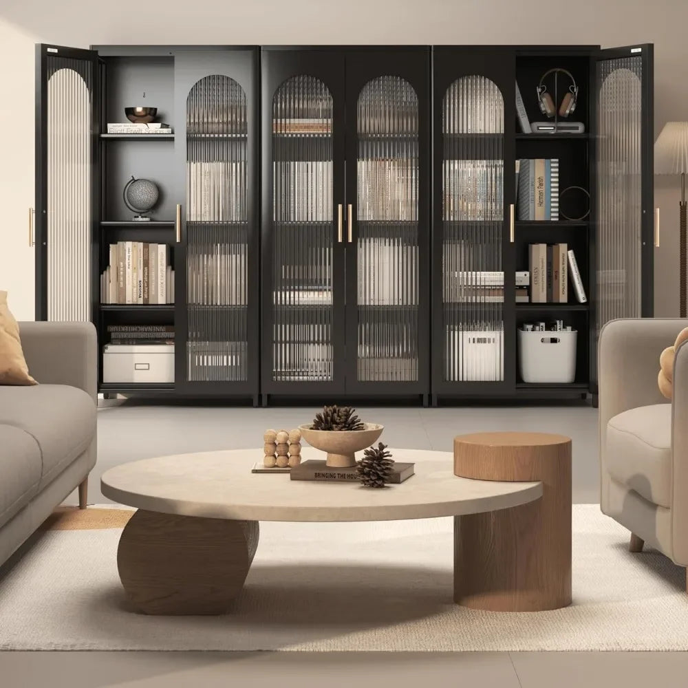 Kitchen Cabinet Metal Sideboard Storage Cabinet with Glass Doors and Adjustable Shelves