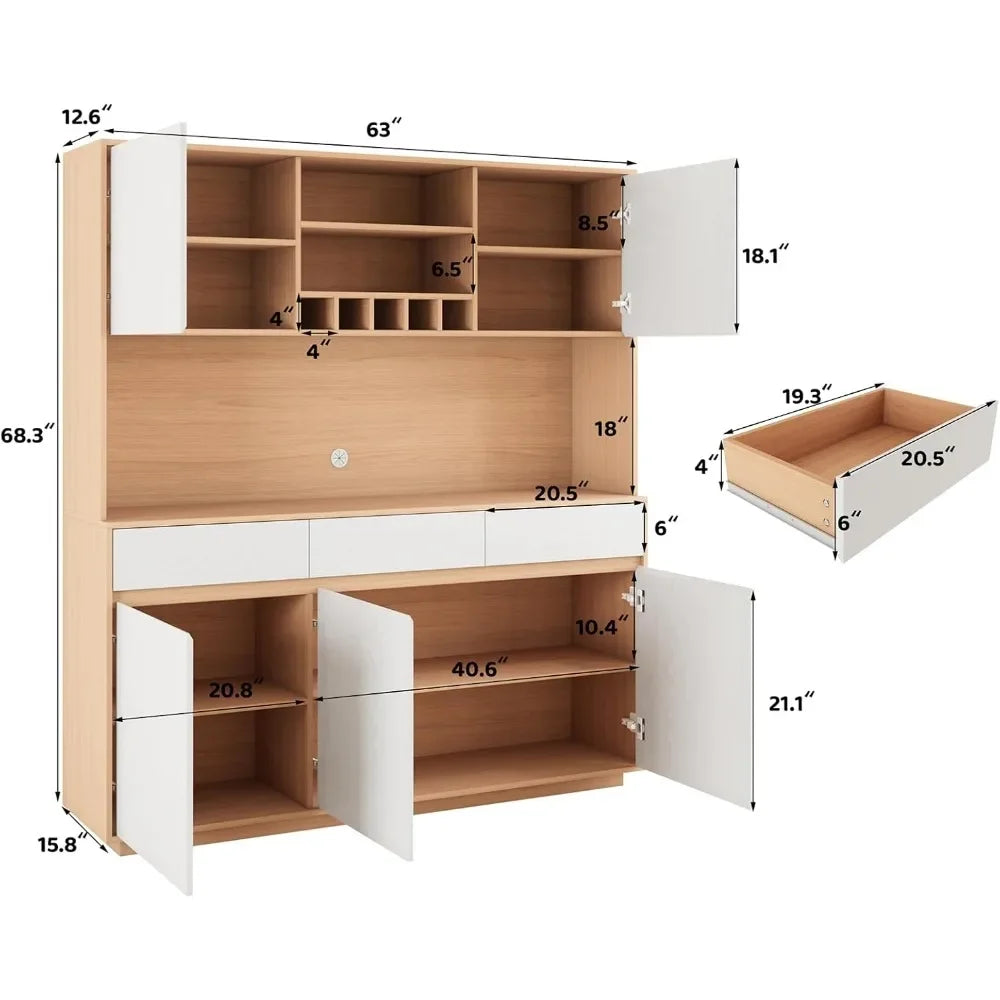 Large Kitchen Pantry Cabinet with 3 Drawers Microwave Shelf and Wine Racks Freestanding Cupboard