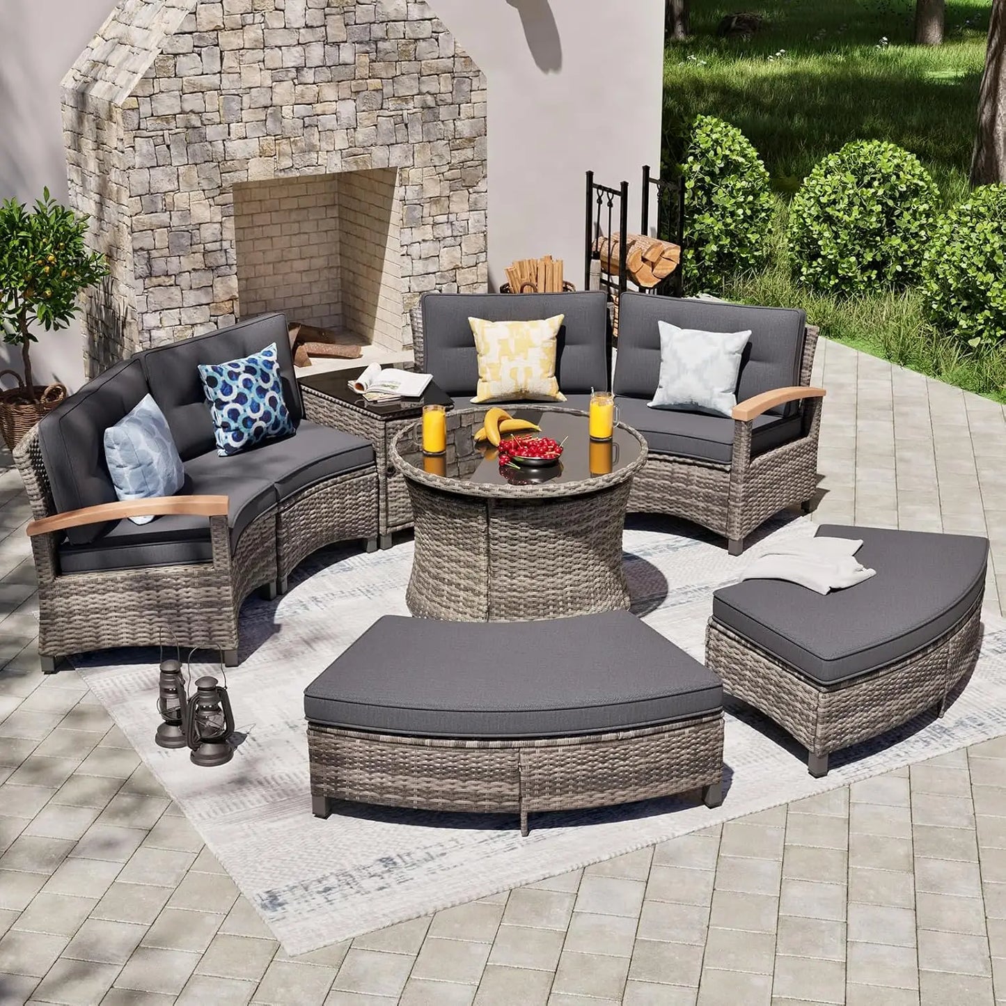 Multi Piece Outdoor Patio Furniture Sets Half Moon Curving Rattan Sofa Conversation Set