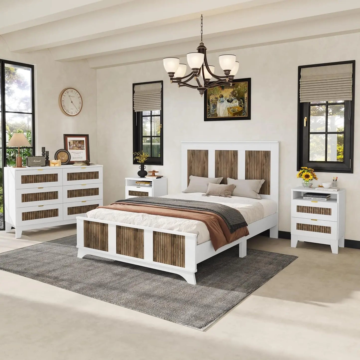 Full Size Farmhouse Bedroom Set with Wooden Strip Decor and Metal Handles