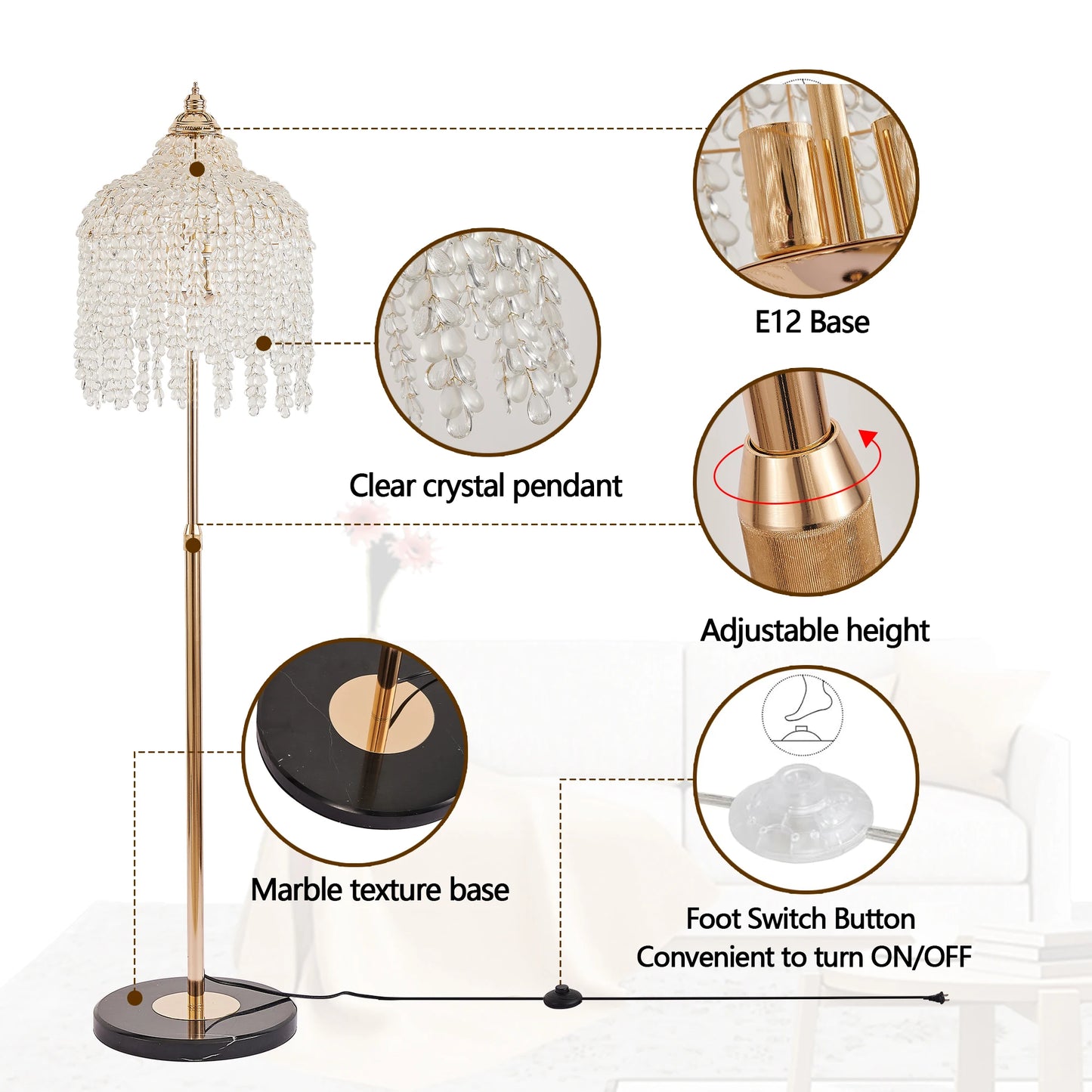 3-Light Elegant Crystal Floor Lamp Vintage Waterfall Design with Crystal Bead Strings and Marble Texture Base (No Bulb)