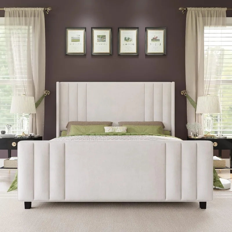 Queen Size Velvet Upholstered Platform Bed Frame with Vertical Channel Tufted Headboard and Footboard Wingback