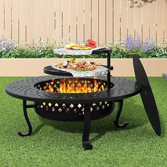 43 Inch Outdoor Wood Burning Fire Pit with 2 Grills Round Metal Table for Backyard Patio Garden