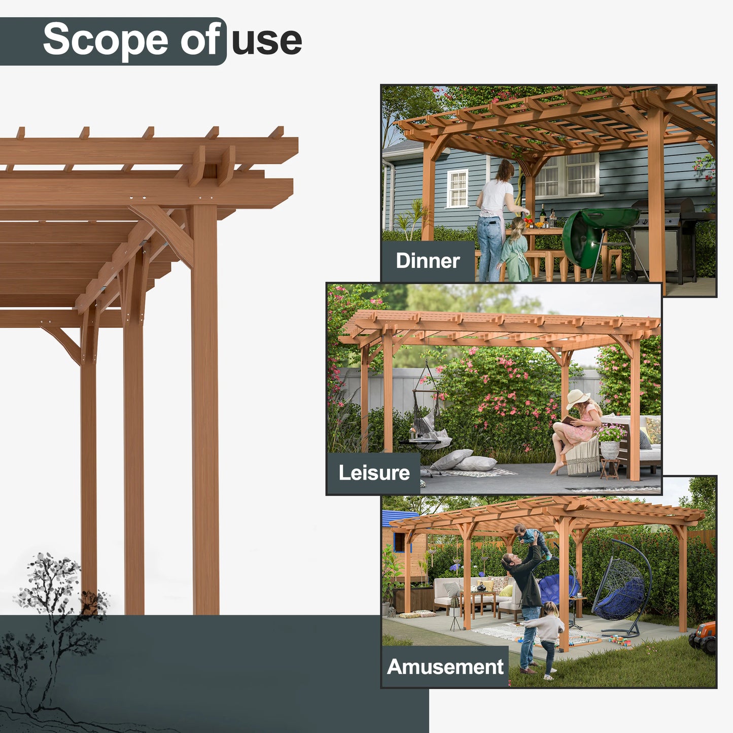 LZBEITEM Outdoor Gazebo Wooden Grape Pergola for Climbing Plants Garden Terrace Backyard Deck Brown