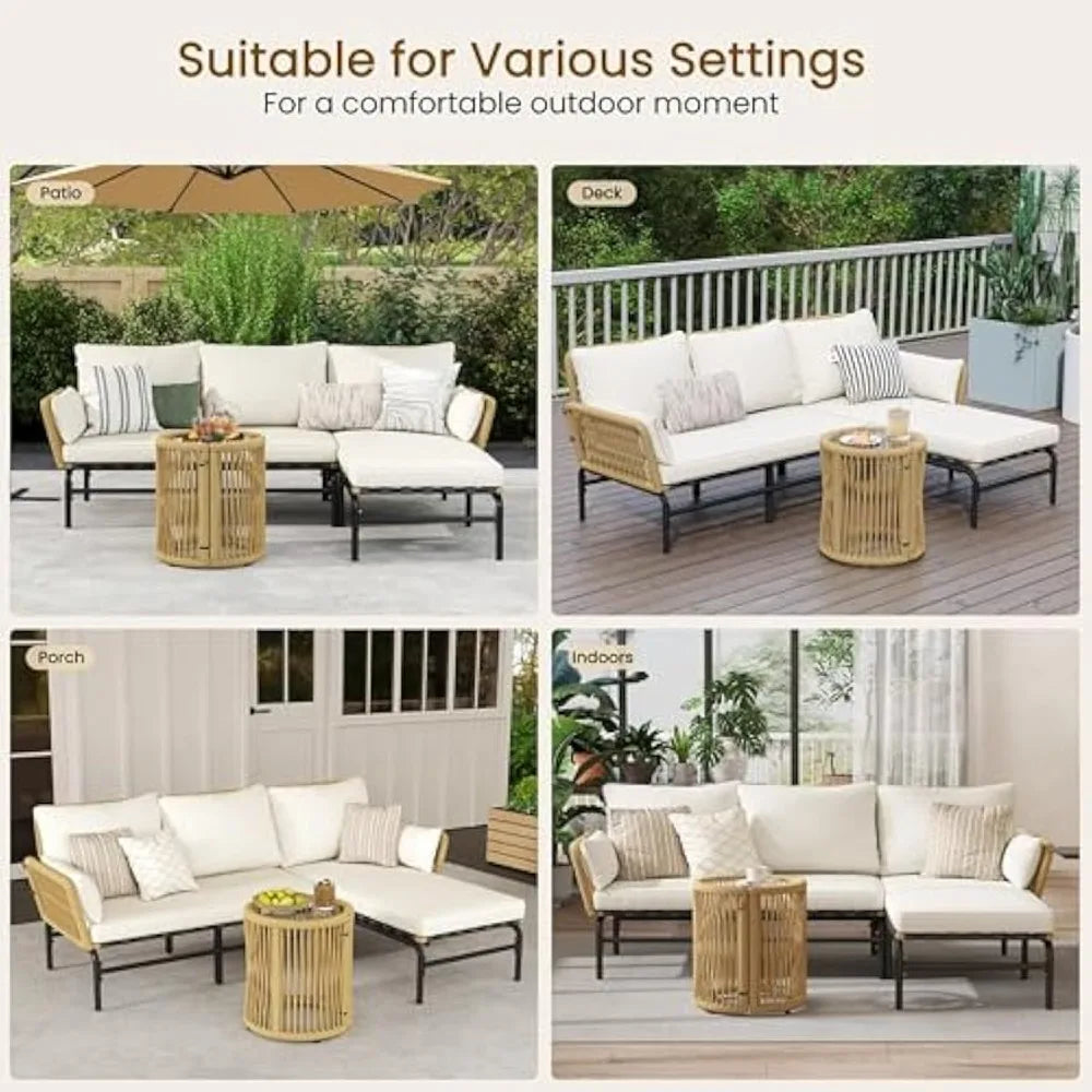 3 Pieces L Shaped Conversation Sofa Set Outdoor Patio Furniture Set with Detachable Lounger Thick Cushions Glass Side Table