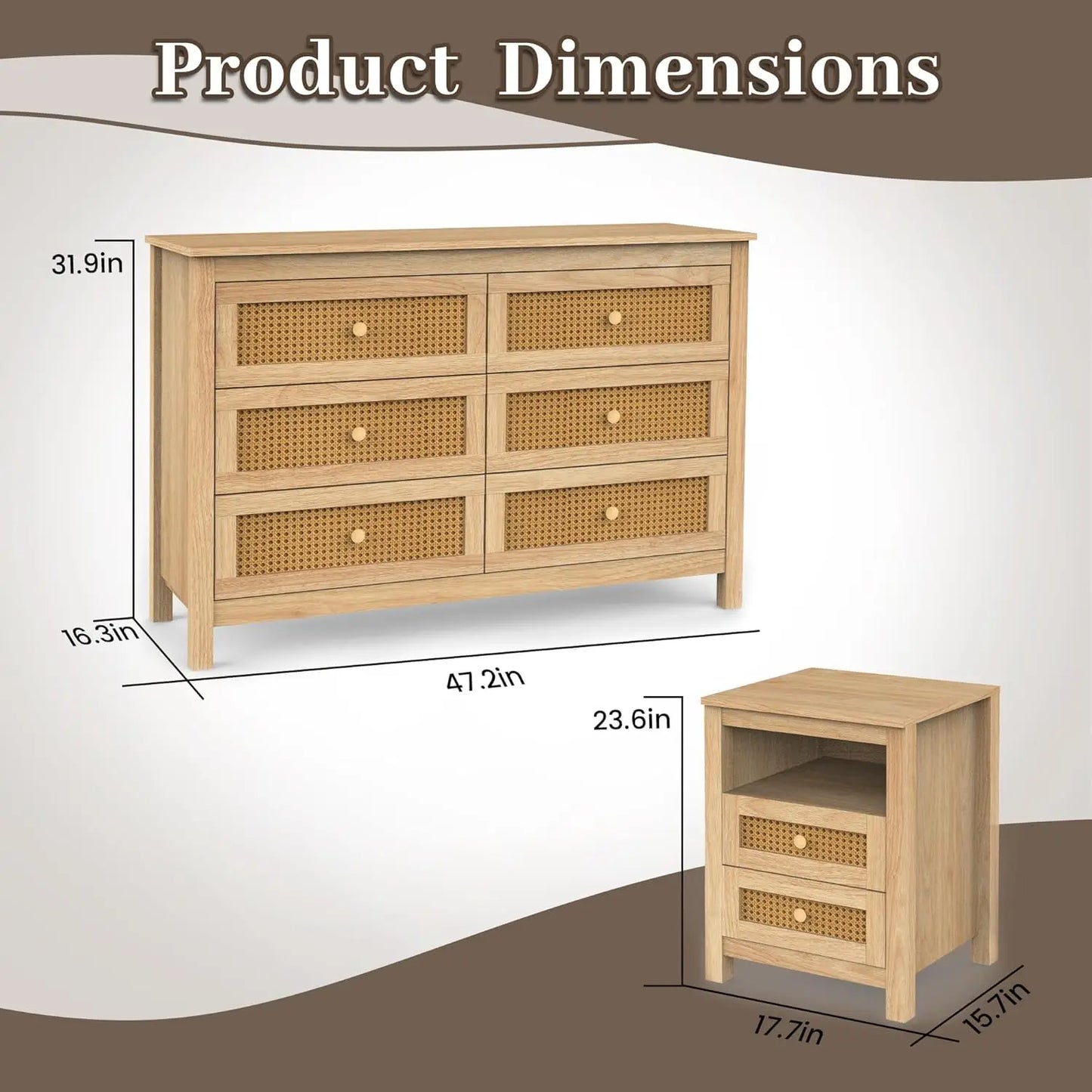 Farmhouse Bedroom Set 3 Pieces Rustic Wood 6 Drawer Dresser Nightstands Chest of Drawers Wide Storage