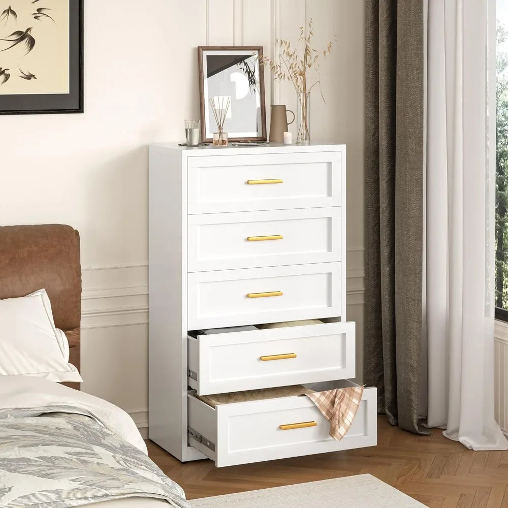 5 Drawer Metal Dresser for Bedroom Tall White and Gold Dresser for Closet Modern Metal Chest of Drawers