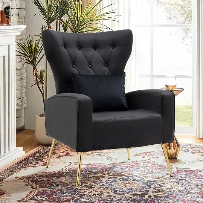 Velvet Accent Arm Chair Mid Century Modern Living Room Chair Wingback Bedroom Side Chair with Gold Legs and Pillow Button Tufted