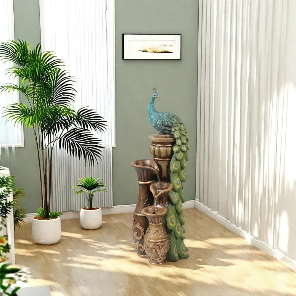 LuxenHome Outdoor Water Fountain 44 Inch Resin Peacock Water Fountain with Urns and LED Light Tall Outdoor Fountains