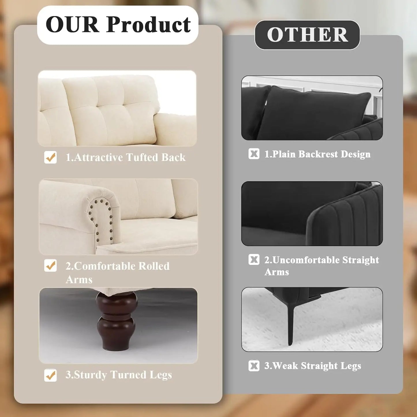 Tufted Sofa Set for Living Room with 3 Seater Couch Loveseat Sofa and Living Room Chairs in Beige with Rivets Rolled Arms and Solid Wood Legs