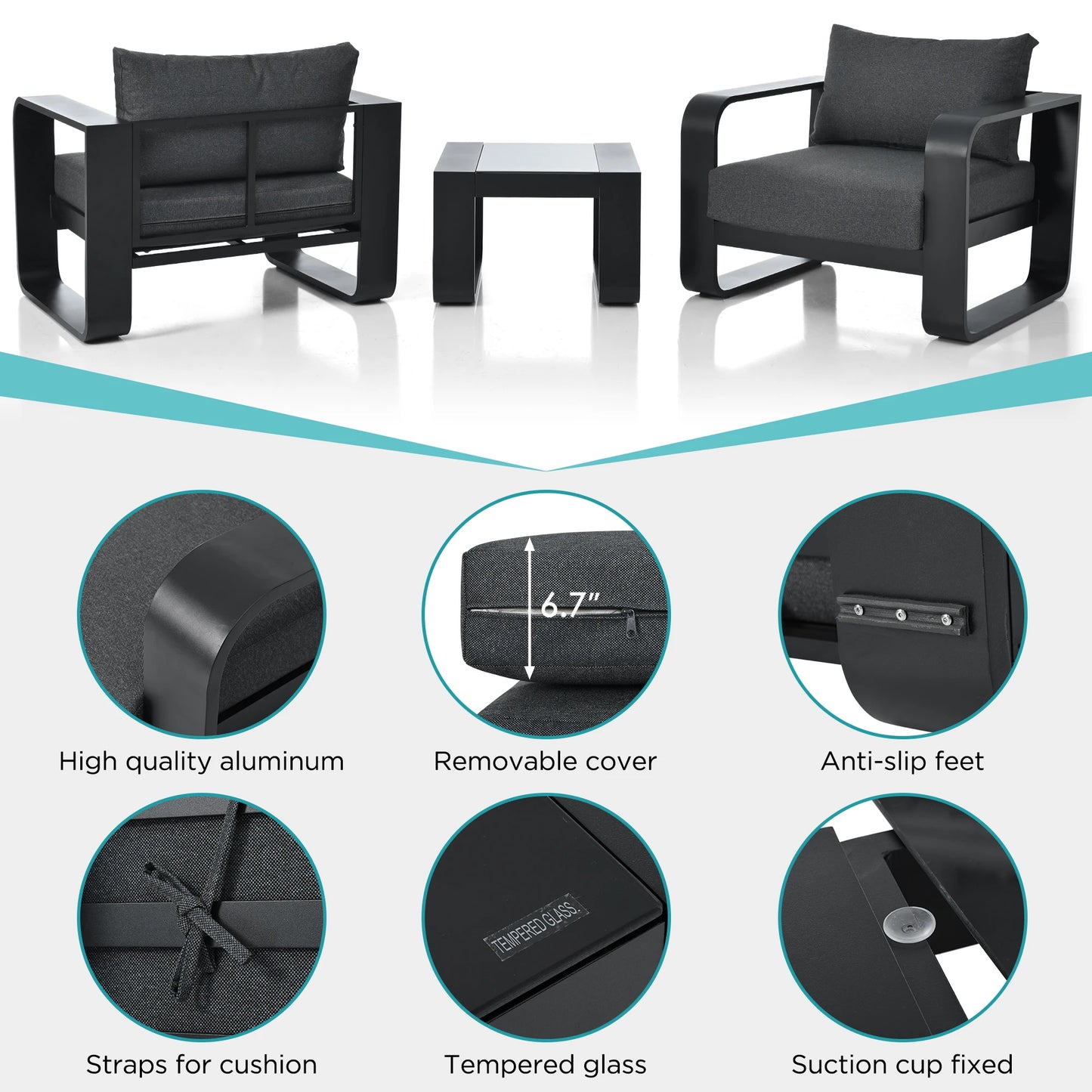 3 Pieces Aluminum Frame Patio Furniture Set With Thick Cushions And Coffee Table All Weather Olefin Fabric Outdoor Chairs