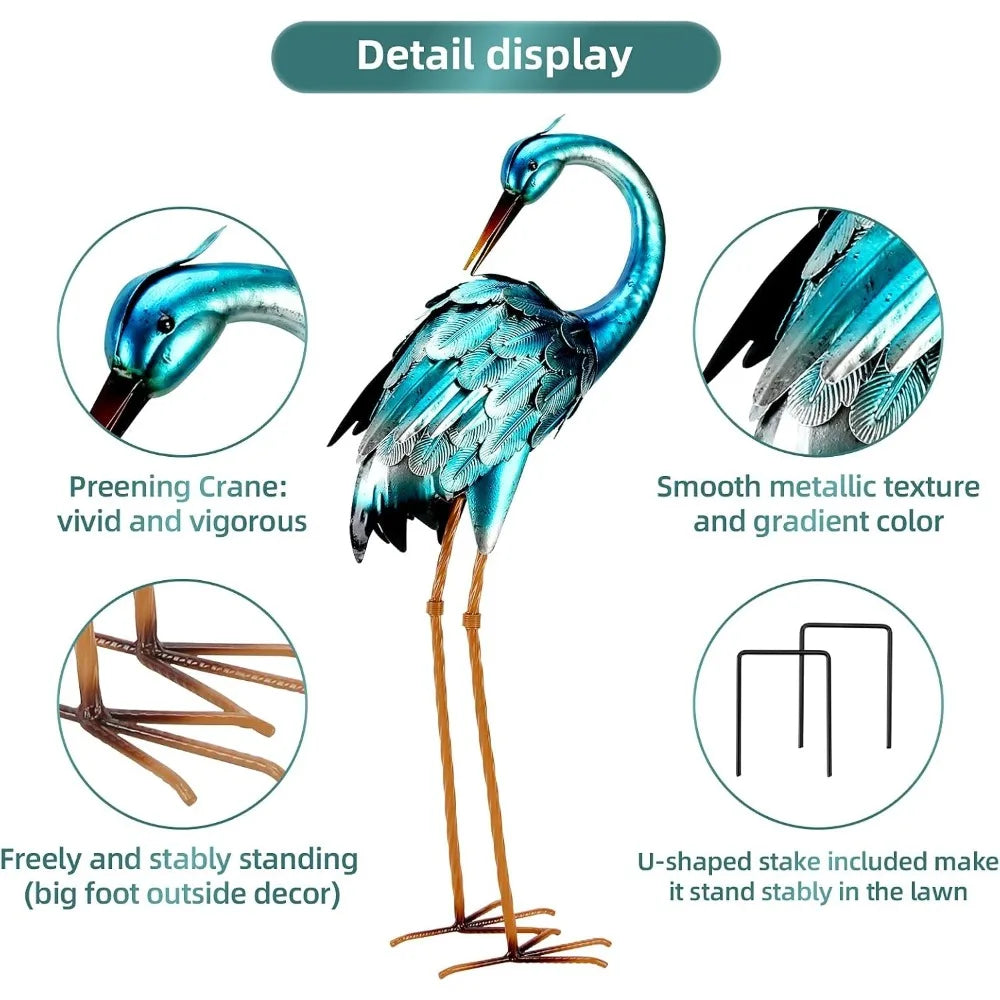 Metal Crane Garden Statue Blue Heron Sculpture Yard Art Large Heron Decoy Bird Statues Lawn Ornaments for Backyard Pond