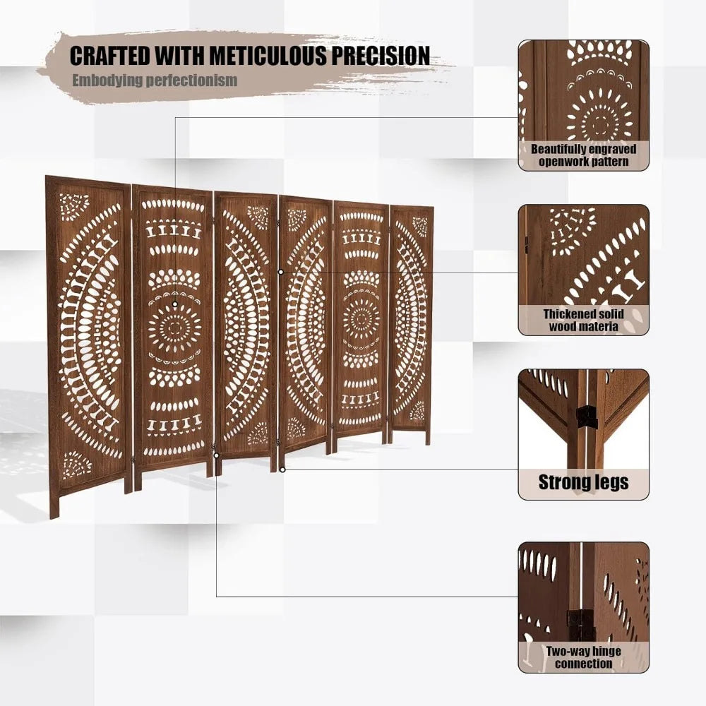 6 Panel Wood Room Divider Fully Assembled, Carved Boho Room Dividers and Folding Screens, 5.6Ft Room Divider Screen Freestanding