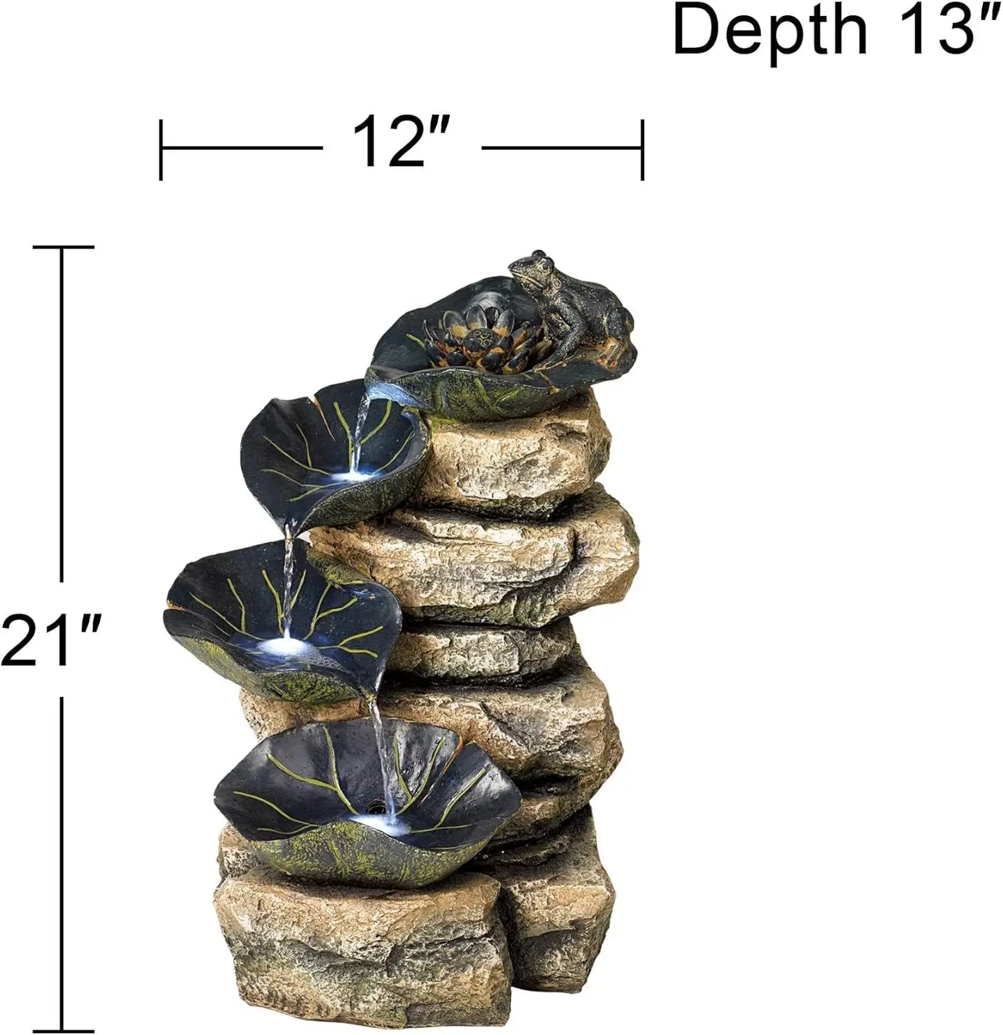 Frog And Four Lily Pad Rustic Outdoor Floor Water Fountain 21 Inch High With LED Light Stacked Rock Cascading Decor For Garden Patio