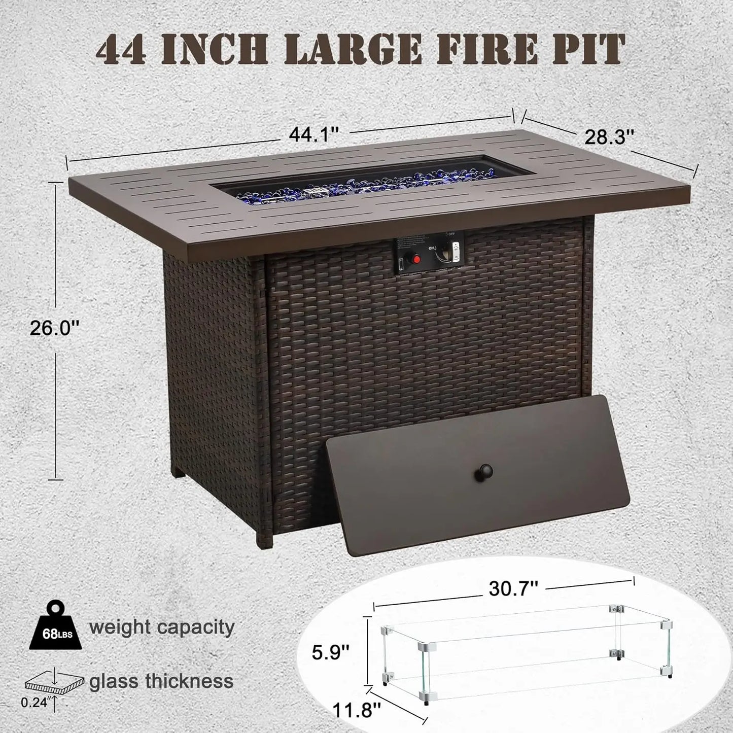 Propane Fire Pit Table 44 Inch 55000 BTU Outdoor Gas Fire Pit Rectangular with Glass Wind Guard Brown Aluminum Top