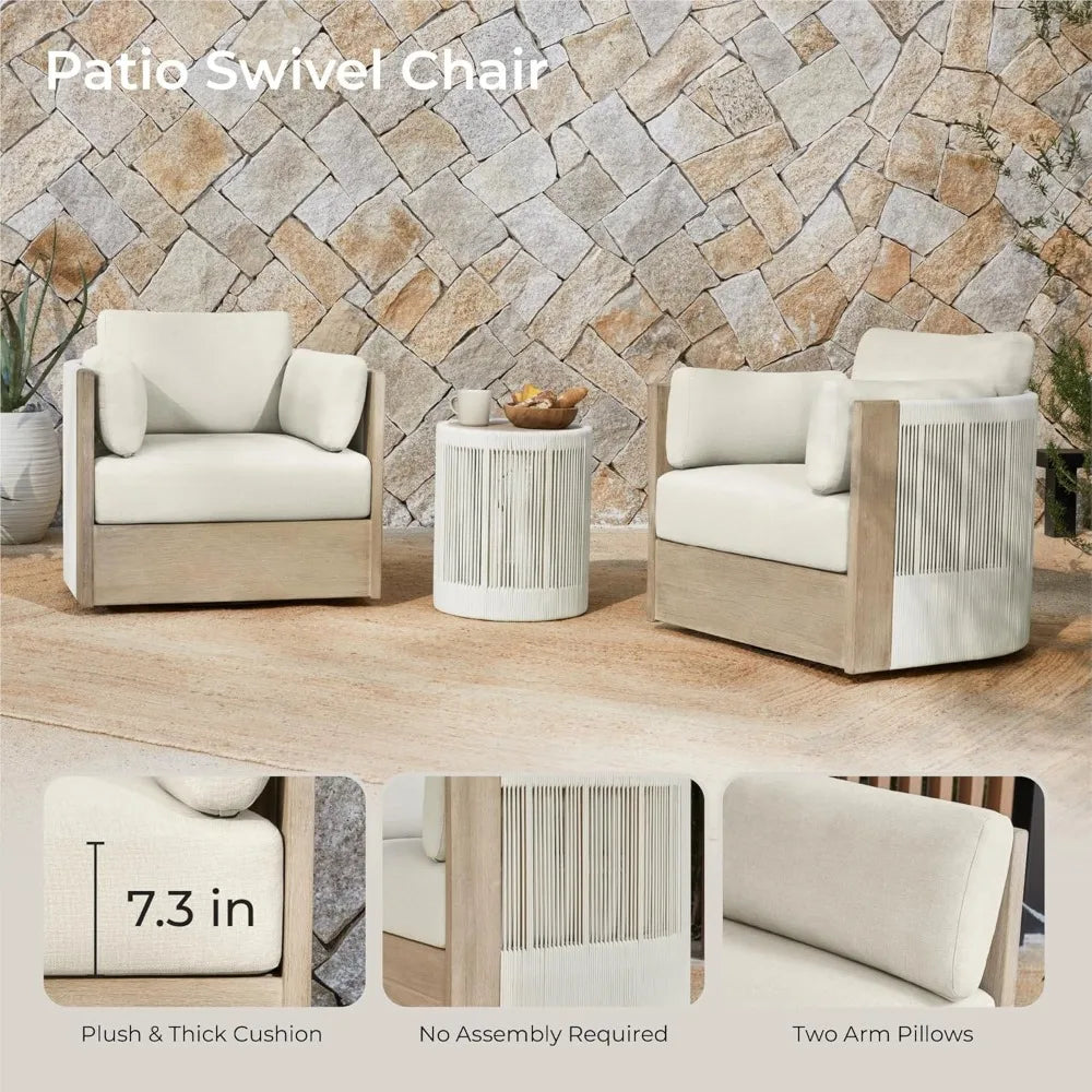 Boho Patio Rattan 360 Degree Swivel Chair Outdoor Wicker Furniture with Thickened Cushions and Arm Pillows Acacia Wood Frame