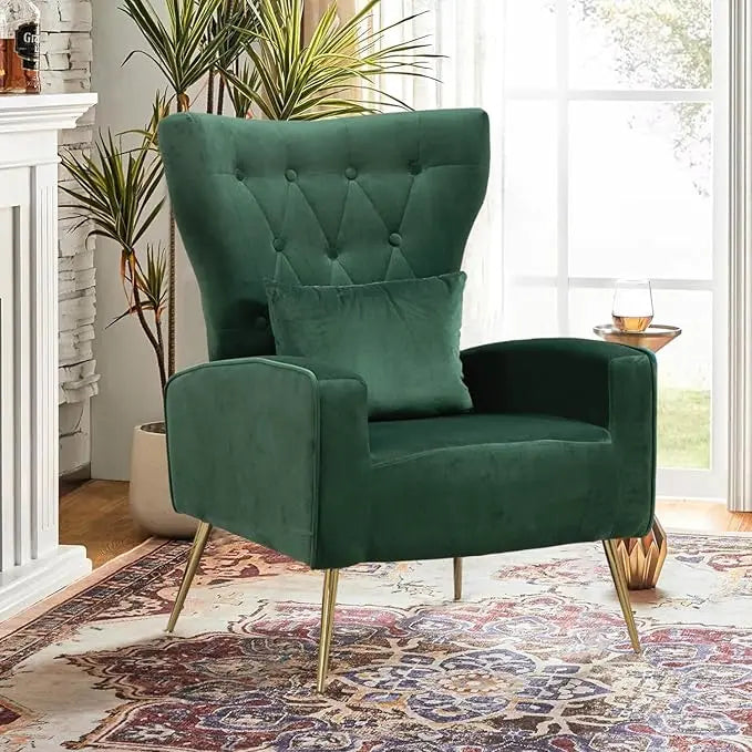 Velvet Accent Arm Chair Mid Century Modern Living Room Chair Wingback Bedroom Side Chair with Gold Legs and Pillow Button Tufted