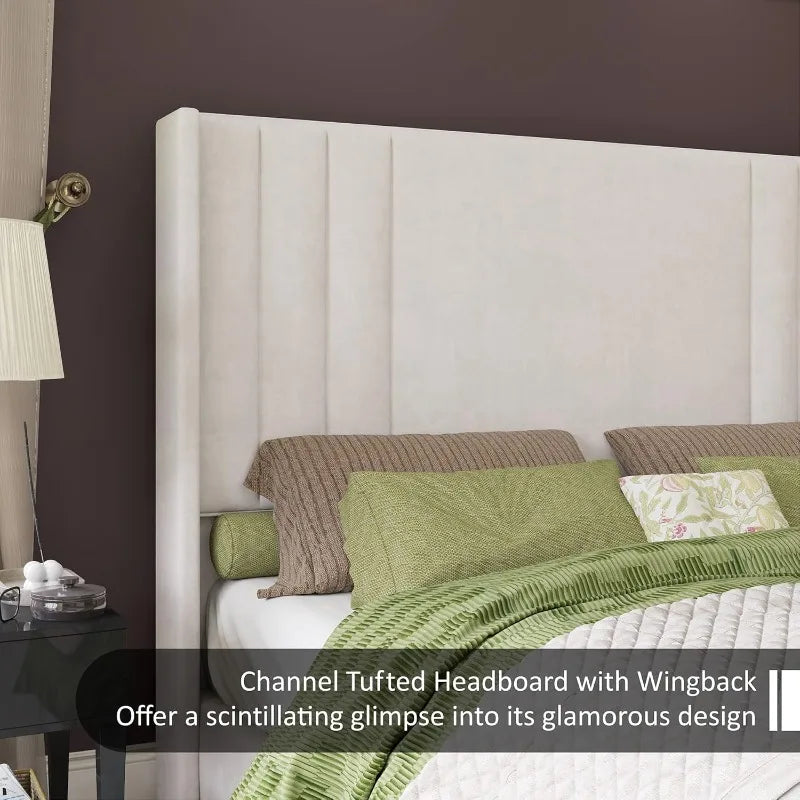 Queen Size Velvet Upholstered Platform Bed Frame with Vertical Channel Tufted Headboard and Footboard Wingback