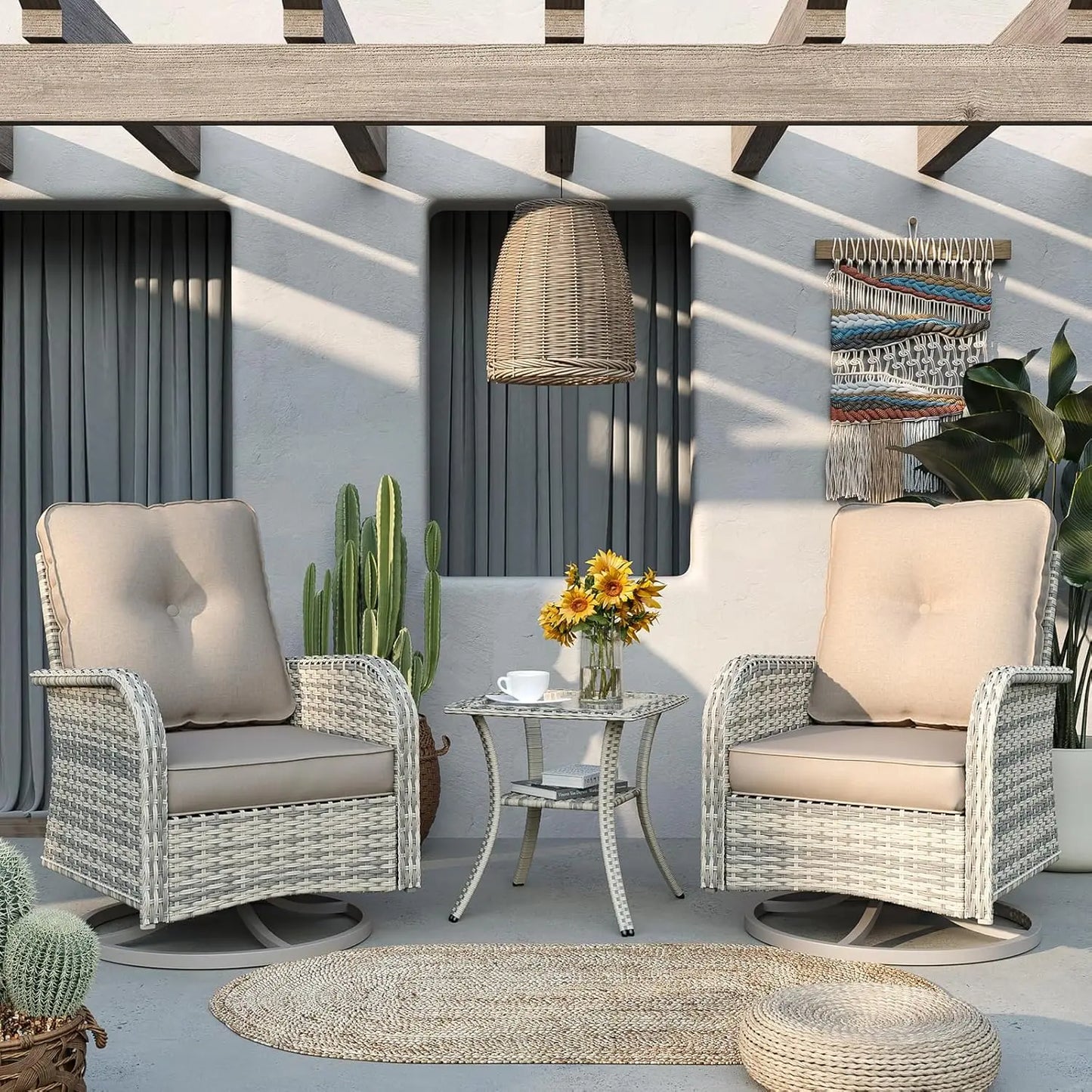 Patio Rocking Swivel Chair Outdoor Wicker Rattan Bistro Set with Tempered Glass Side Table Garden Furniture