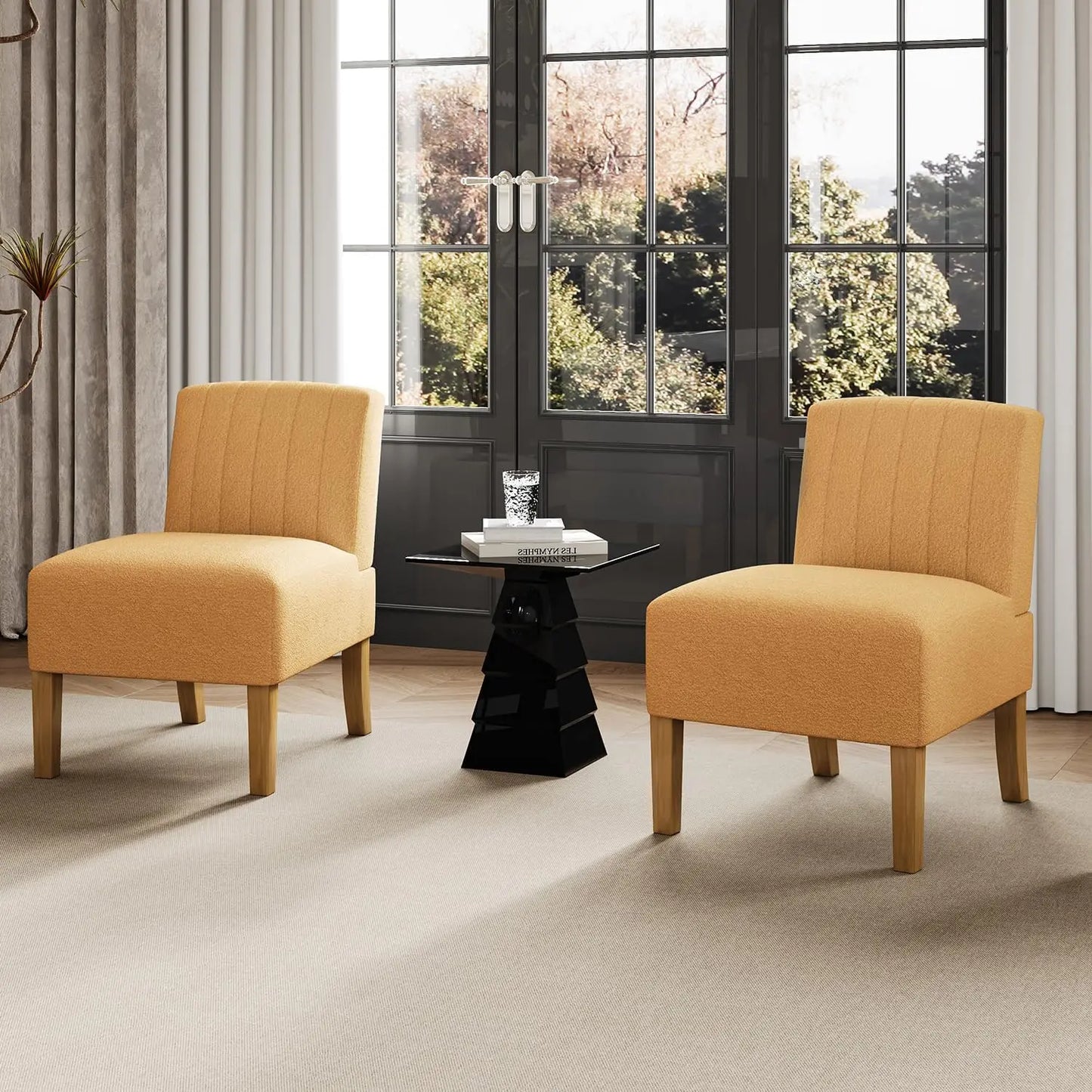 Accent Chairs Set of 2 - Modern Slipper Chairs for Living Room, Solid Wood Legs, Comfy Upholstered Fabric in Black