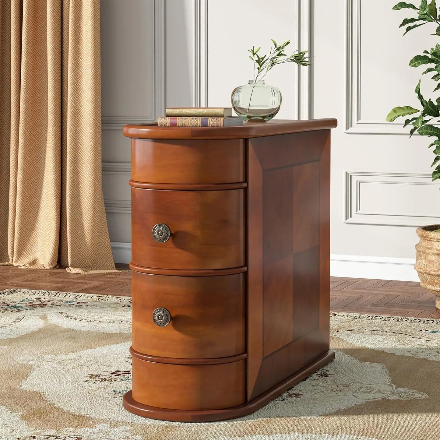Wood End Table Set of 2 Narrow Solid Side Table 2 Drawer Slim Chair Side Table No Assembly Required Finished Back Walnut