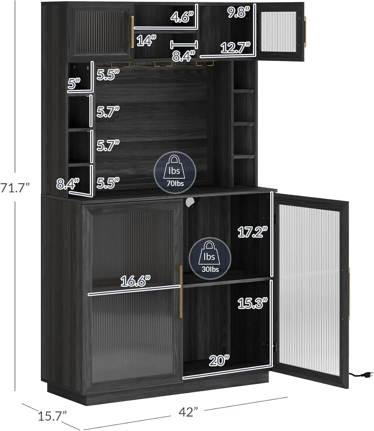 Coffee Wine Bar Cabinet with Power Outlet 72 Inch Rustic Liquor Cabinet Tall Fluted Buffet Cabinet with Storage