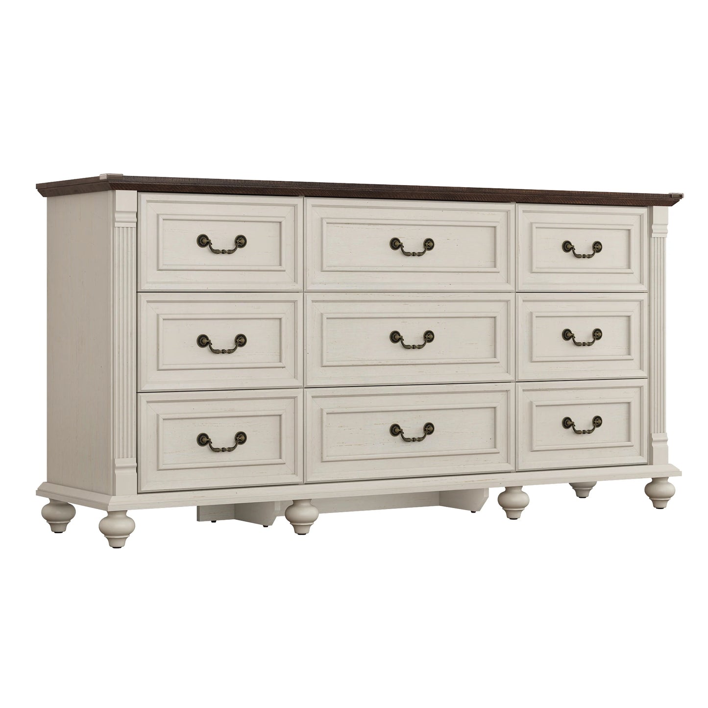 Farmhouse 9 Drawer Dresser for Bedroom with 6 Gourd Feet and Roman Column Decor 63 Inch Wide Wood Country Rustic Chest of Drawers