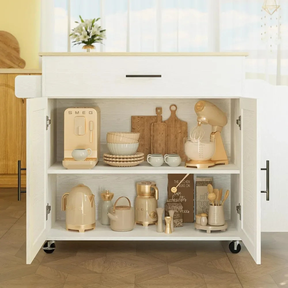 Kitchen Island with Storage Rolling Kitchen Island on Wheels with Drop Leaf Door Cabinet Drawer and 3 Open Spice Rack Shelves