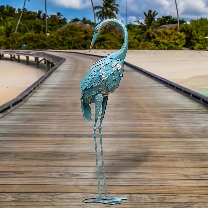 Standing Garden Crane Statue for Outdoor Metal Bird Sculpture Art for Backyard Patio Lawn Yard Decoration Cyan