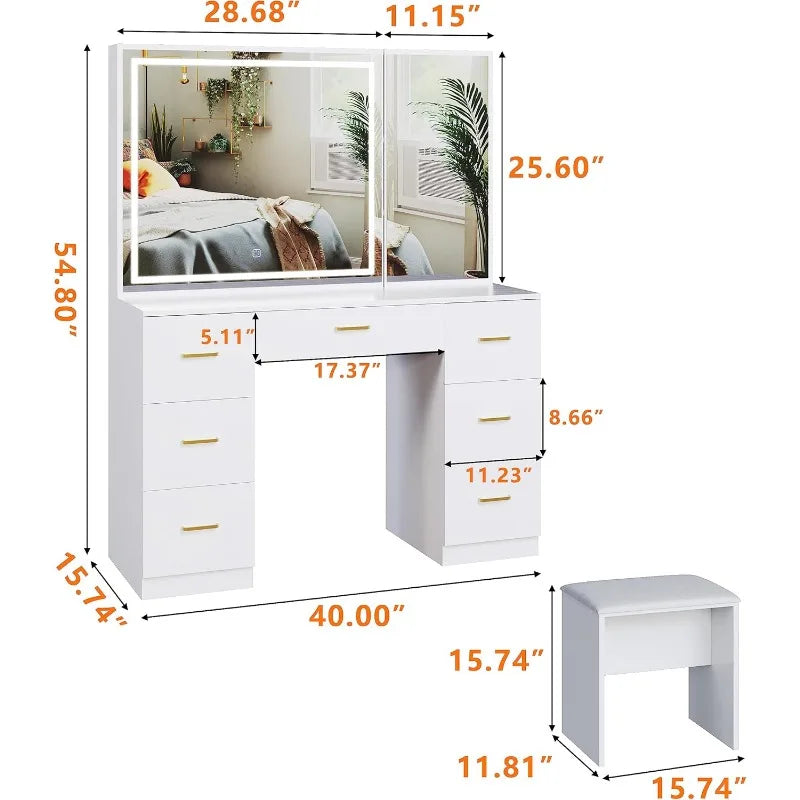 Large Lighted Vanity Desk with Stool and 7 Drawers Makeup Vanity Set Adjustable Brightness White Bedroom Furniture