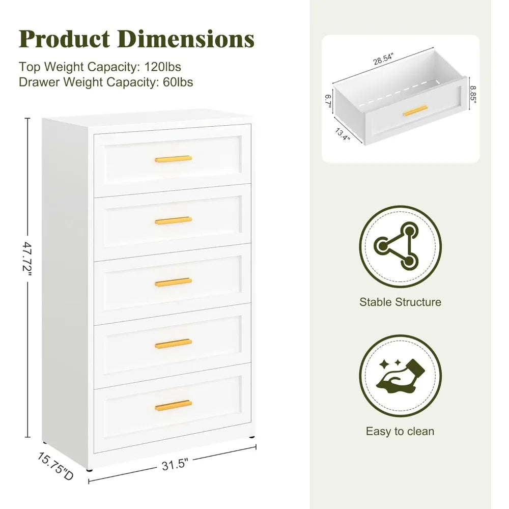 5 Drawer Metal Dresser for Bedroom Tall White and Gold Dresser for Closet Modern Metal Chest of Drawers