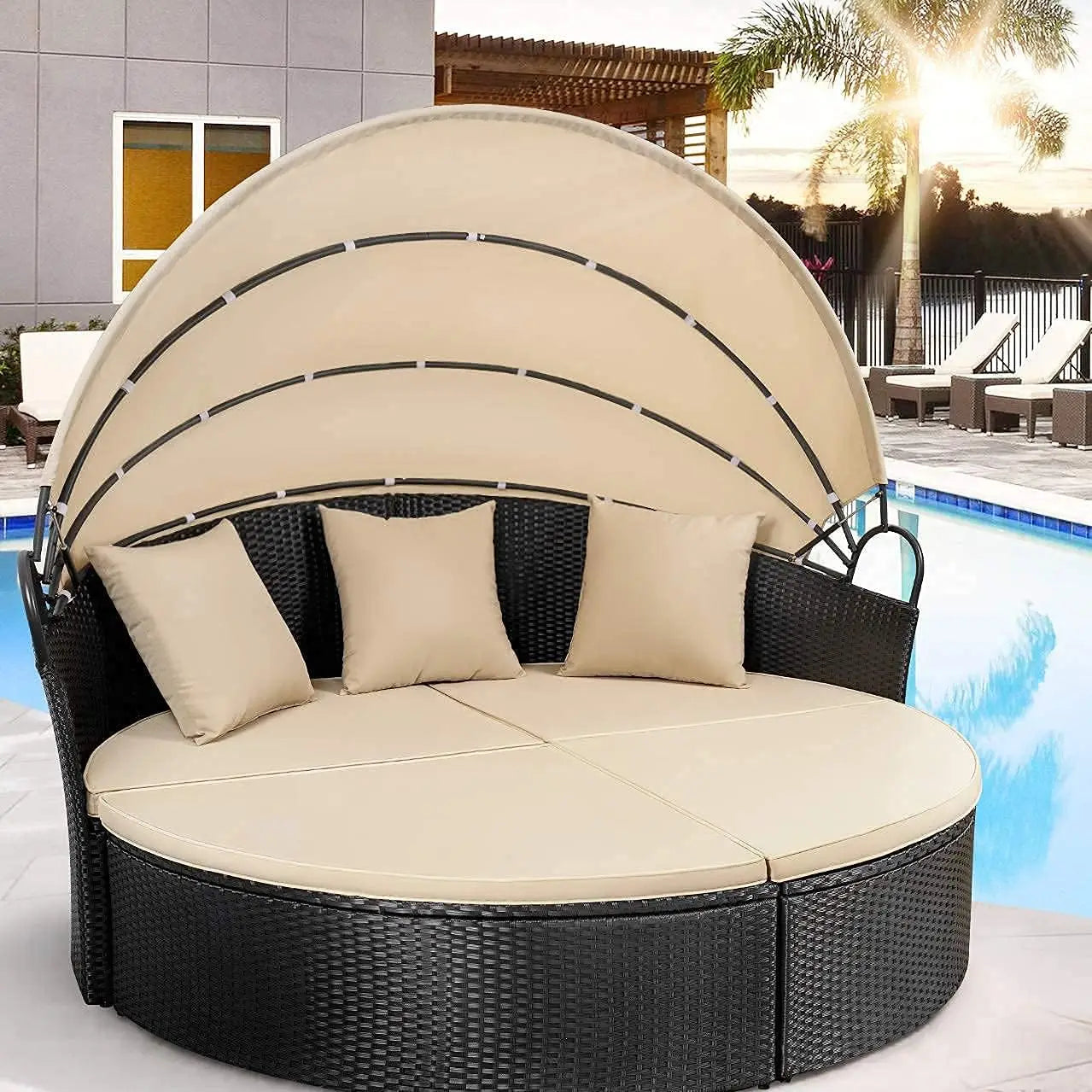 Patio Outdoor Daybed with Retractable Canopy Rattan Wicker Sectional Seating and Washable Cushions for Backyard and Porch