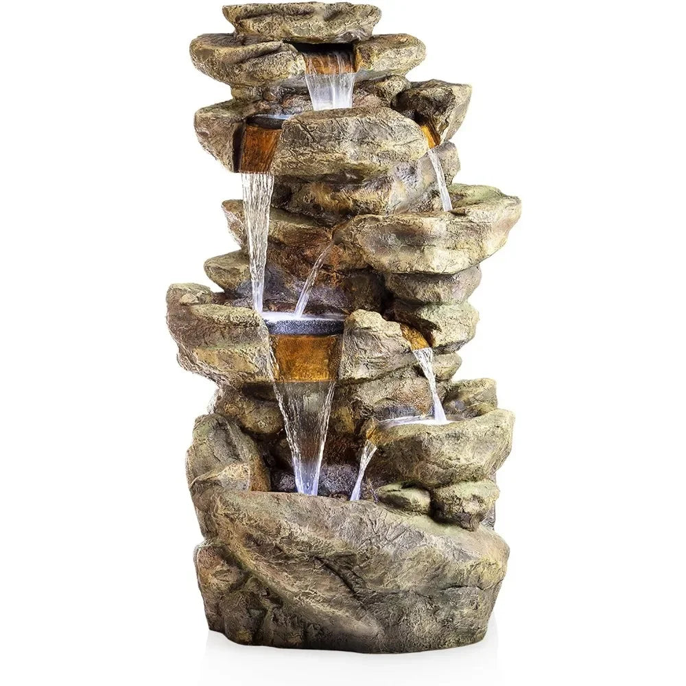 51 Inch Outdoor Six Story Fountain with LED Lights and Natural Stone Appearance for Gardens and Rock Waterfall Fountains