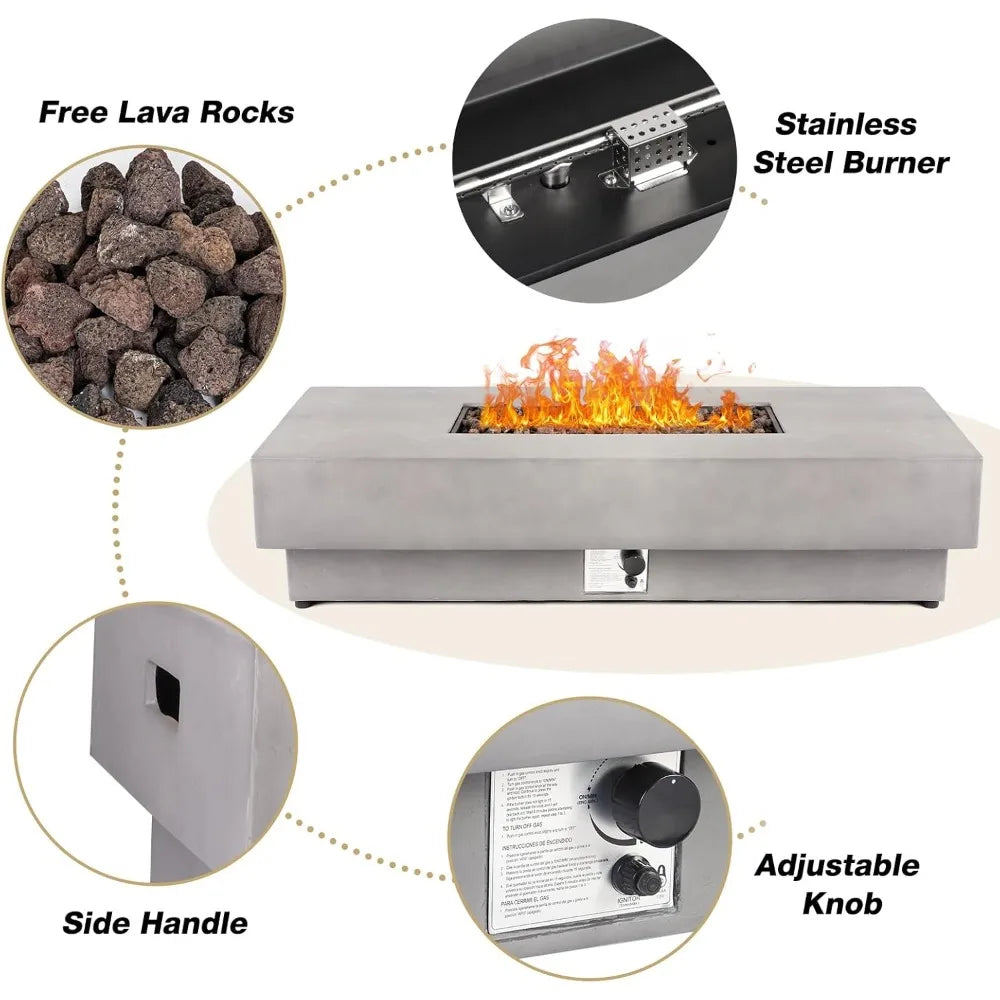 60 Inch Outdoor Propane Fire Pit Table with Lid and Wind Guard Large Rectangular Concrete Design