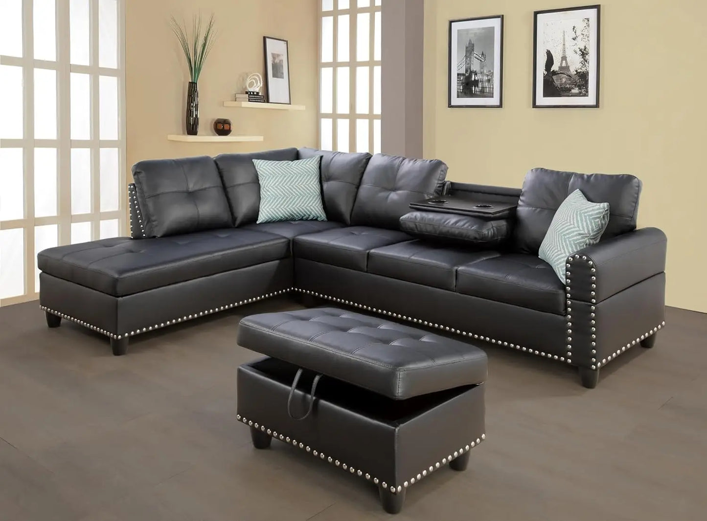 Modern 4-Seater Sectional Sofa Couch with Chaise Lounge Ottoman and 2 Pillows L Shape Living Room Furniture Set