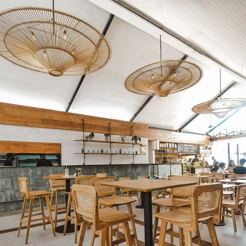 Vintage LED Pendant Light Nordic Umbrella Handmade Rattan Lamp for Living Room Bedroom Dining Room Table