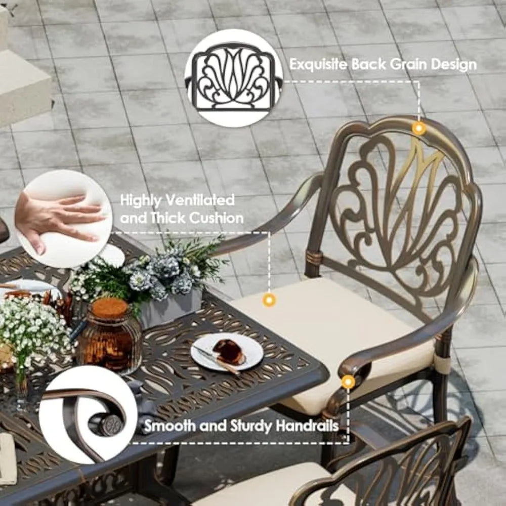 Aluminum Outdoor Dining Set of 6 Retro Patio Dining Table Set with 59 Inch Rectangular Table and Chairs
