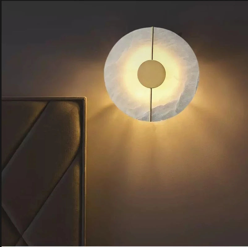 Modern Creative Marble Wall Lamp Alabaster Moon Gold Copper Indoor Decoration LED Sconce Round Design for Living Room Bedroom Foyer Study