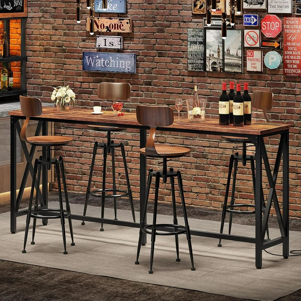 Kitchen Dining Table with Power Outlet and Footrest Industrial Style for Pub Living Room Rustic Brown and Black TBT08UBF