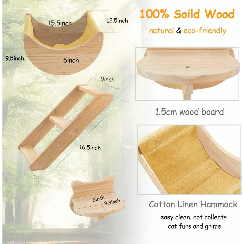 Cat Shelf Wall Hammock Climbing Shelves Solid Wood Cat Steps Indoor Activity Furniture 3pcs Set