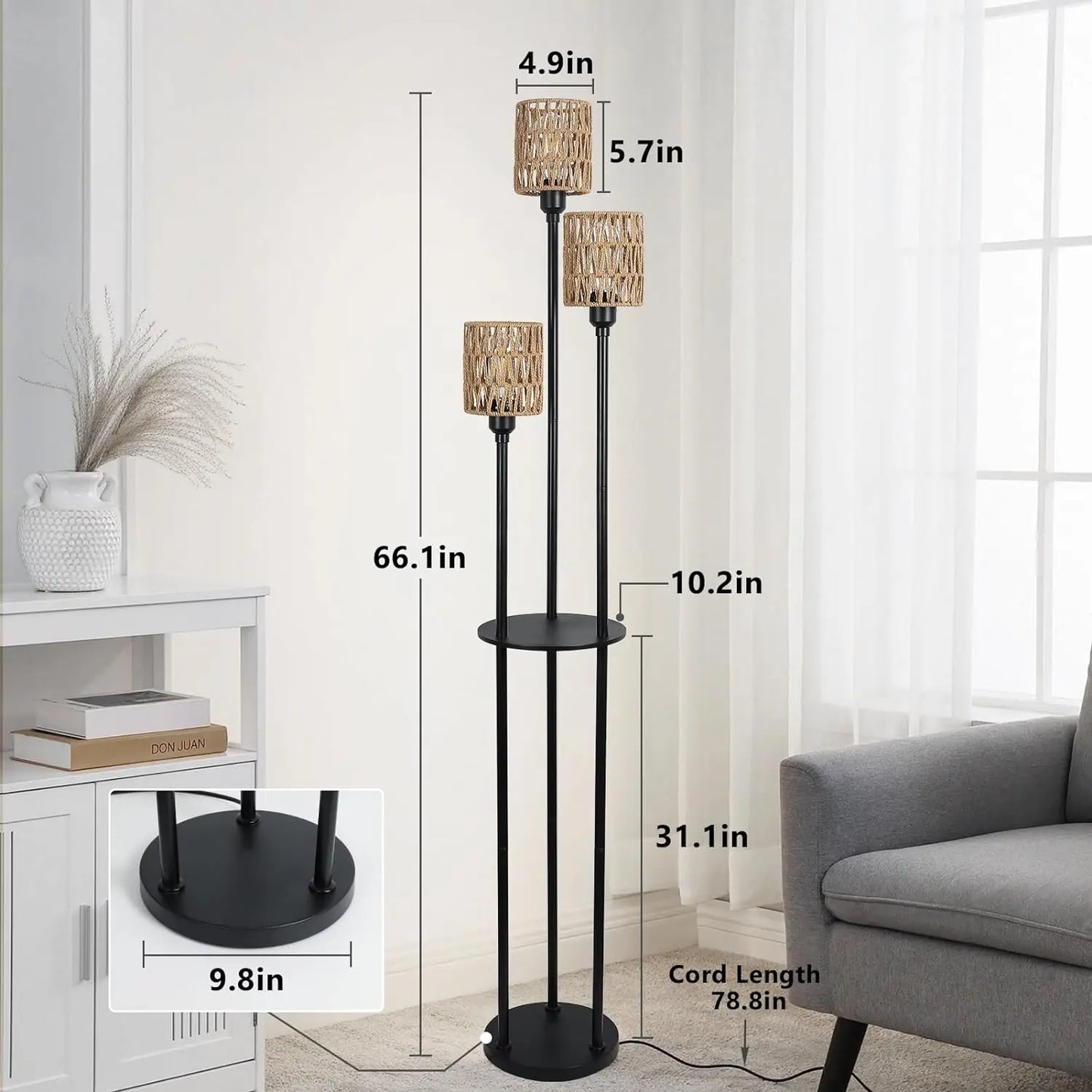 Bohemian style floor lamp with shelf, farmhouse rustic rattan standing lamp, suitable for living room, bedroom, office.