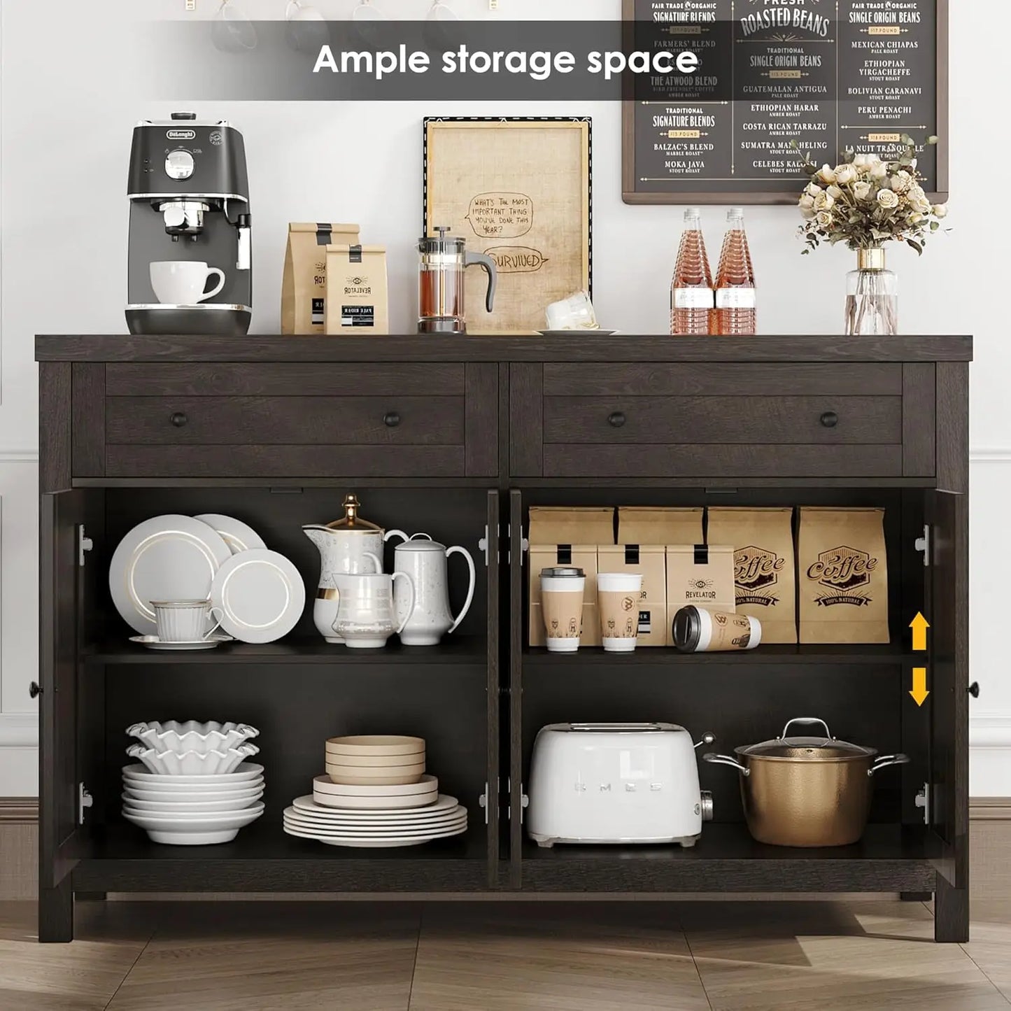55" Buffet Sideboard Cabinet with Storage, Modern Farmhouse Coffee Bar Cabinet with Drawers and Shelves, Barn Doors Storage