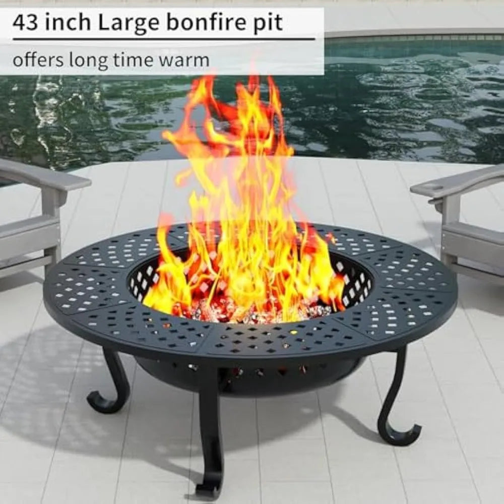 43 Inch Outdoor Wood Burning Fire Pit with 2 Grills Round Metal Table for Backyard Patio Garden