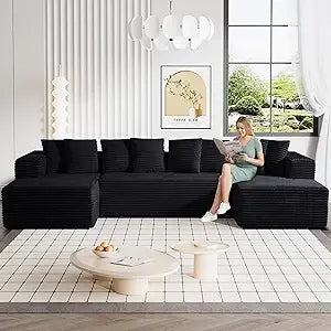 131 Inch Modular Sectional Couch Luxury Black Sectional Couches for Living Room Comfy Corduroy Sofa with Chaise Lounge