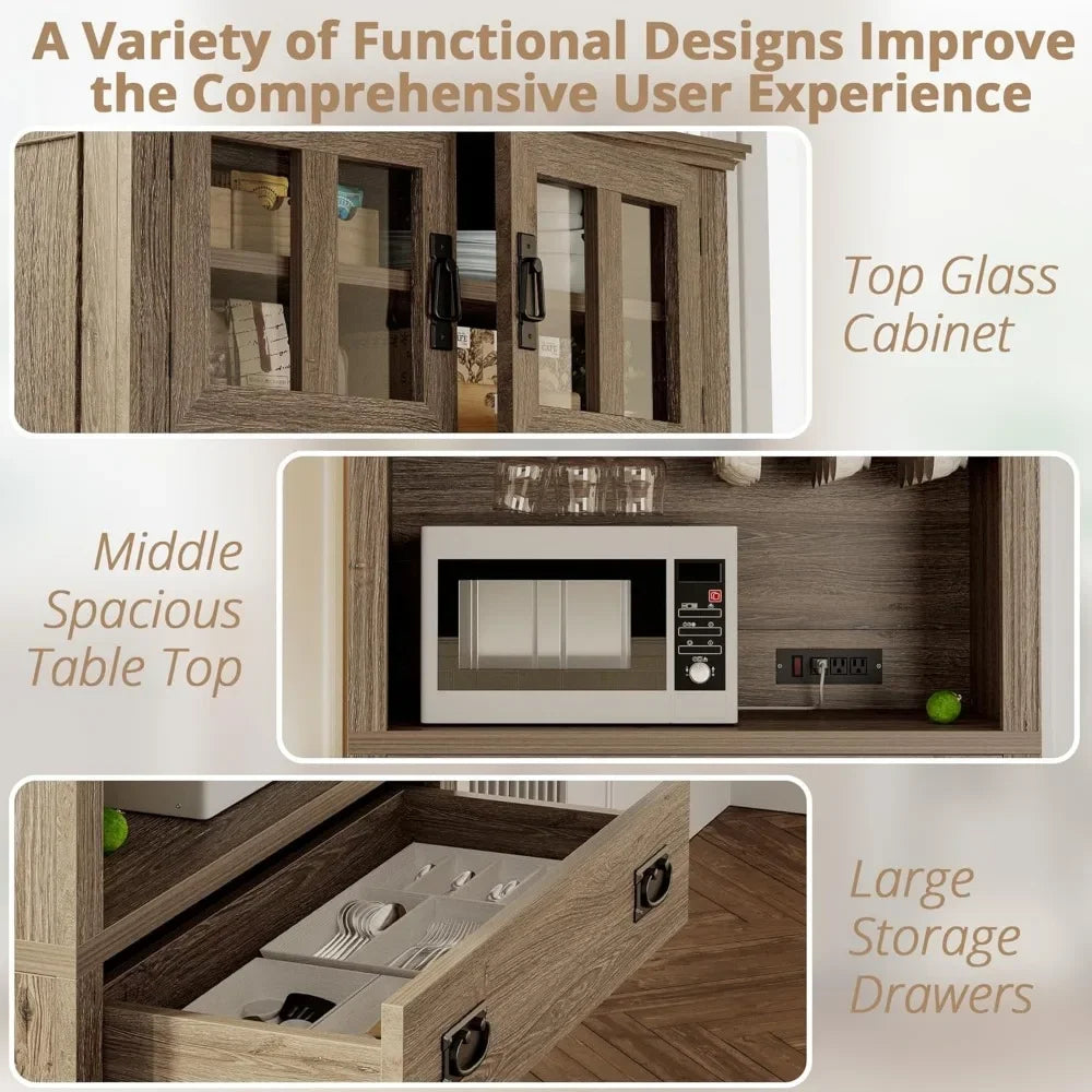 Kitchen Pantry with Power Outlets Farmhouse Storage Cabinet Coffee Bar with Glass Doors and Glasses Holder Large Drawer