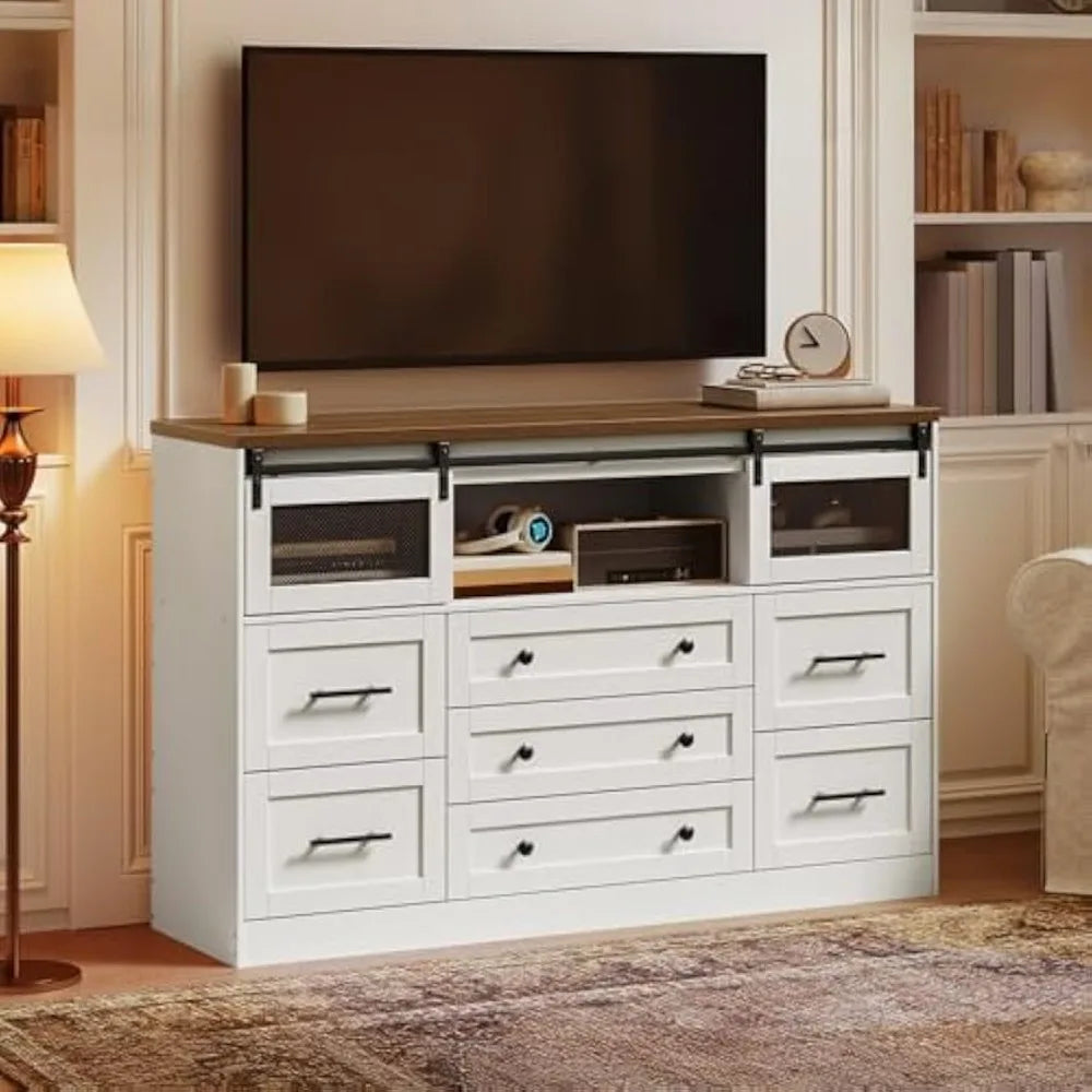 White Farmhouse Dresser for Bedroom 55.1 Inch Large Wooden Chest of Drawers 7 Drawer Long Dresser